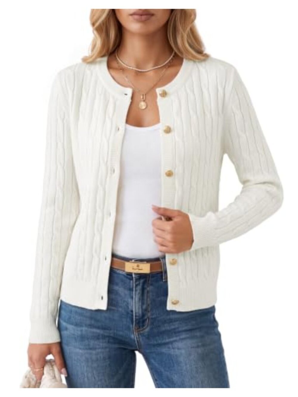 Wool Blend Cable Knit Cardigan Crew Neck Button Long Sleeve Sweater